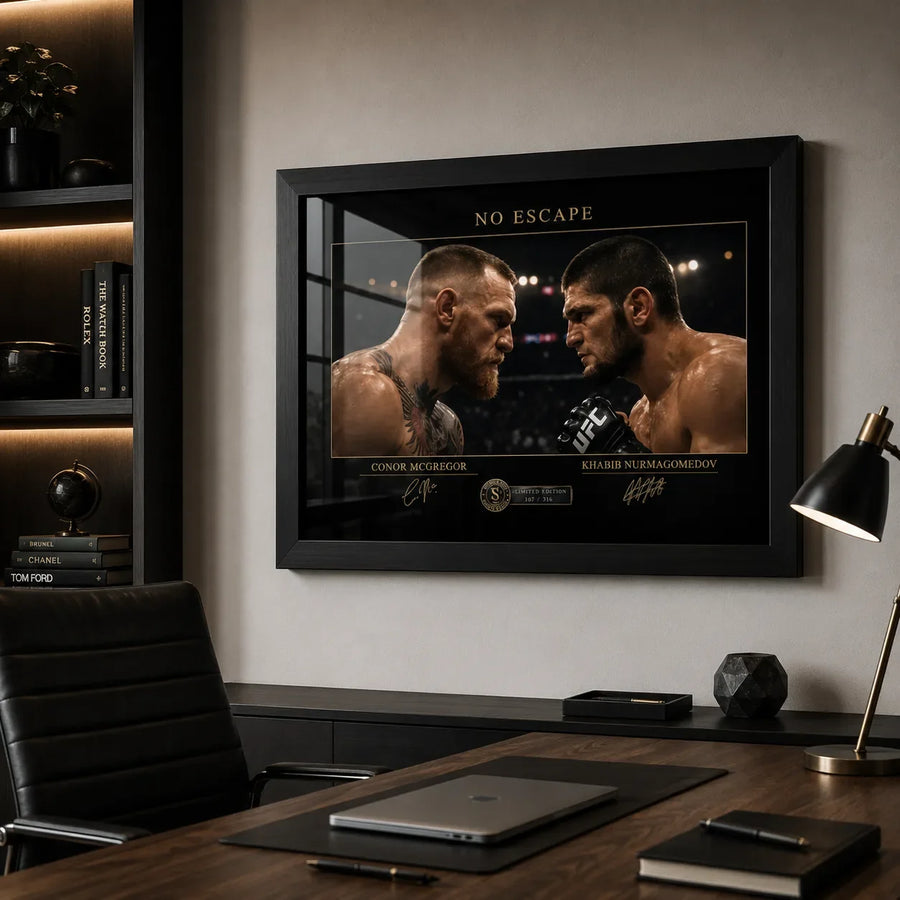 No Escape McGregor vs Khabib wall art displayed in a modern office above a timber desk and black leather chair.