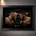 Black framed No Escape McGregor vs Khabib wall art showing the two UFC rivals facing off beneath arena lights.