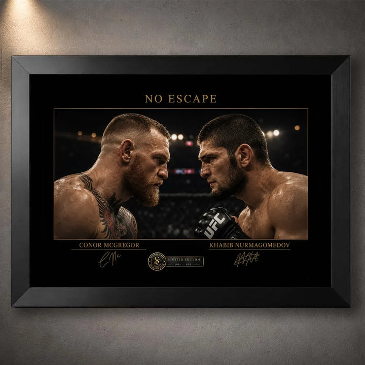 Black framed No Escape McGregor vs Khabib wall art showing the two UFC rivals facing off beneath arena lights.