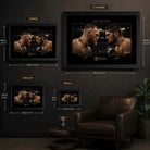 McGregor vs Khabib wall art size guide showing small, medium, large and extra-large framed dimensions.