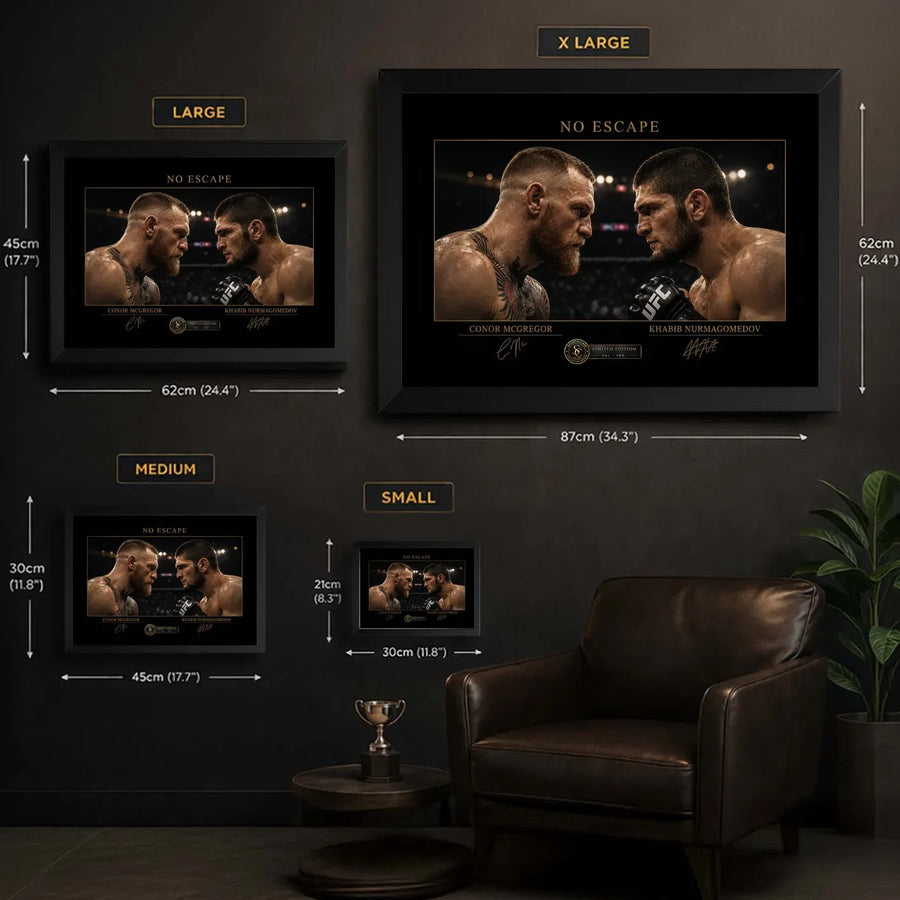 McGregor vs Khabib wall art size guide showing small, medium, large and extra-large framed dimensions.
