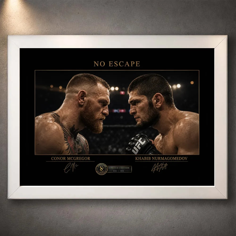 White framed No Escape McGregor vs Khabib wall art featuring the fighters in a dramatic arena face-off.