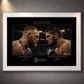 White framed No Escape McGregor vs Khabib wall art featuring the fighters in a dramatic arena face-off.