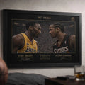 Black framed man cave wall décor showing Kobe Bryant vs Allen Iverson No Fear artwork styled in a modern sports lounge setting.