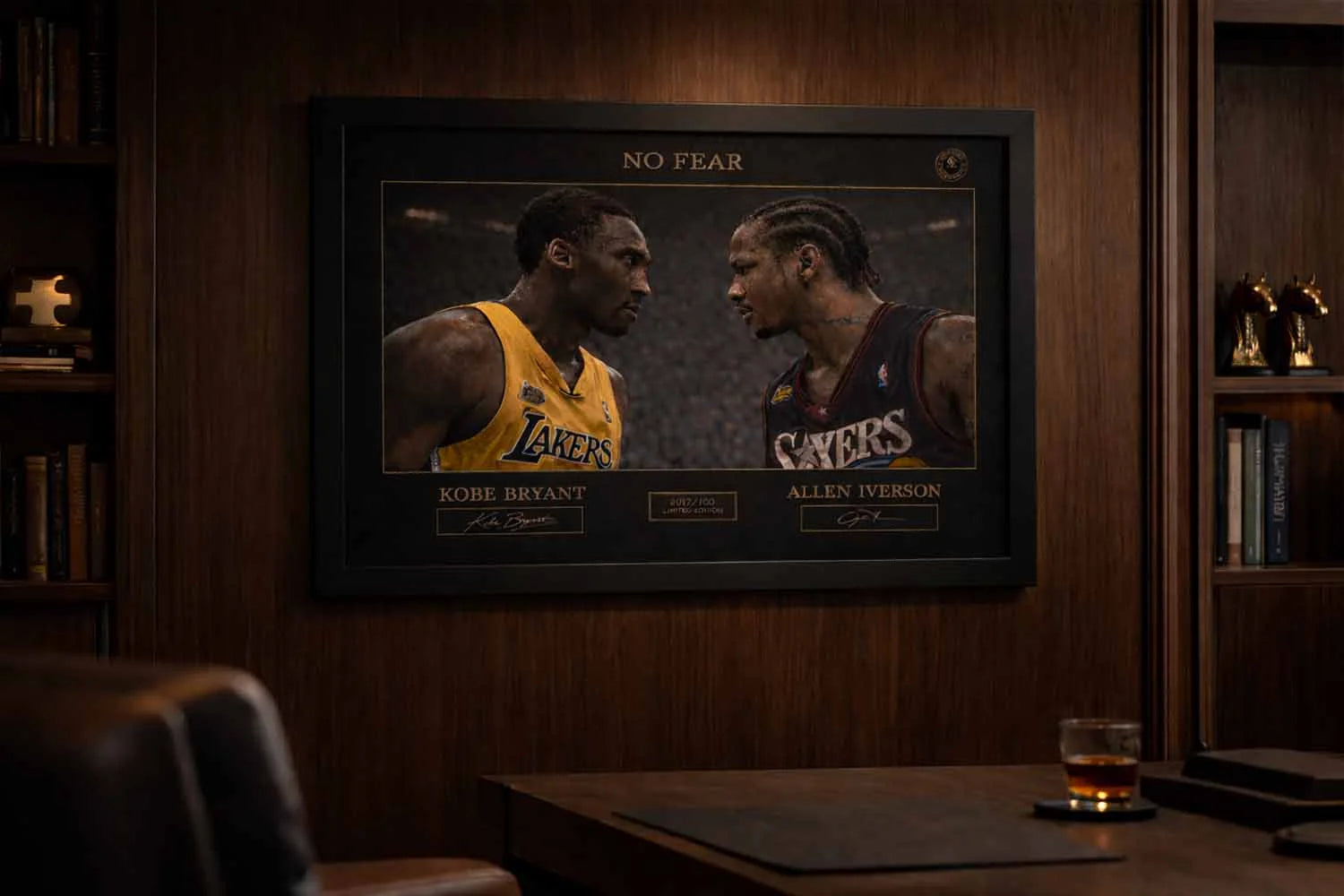 Premium framed sports memorabilia featuring the No Fear Bryant vs Iverson artwork displayed in an executive office environment.
