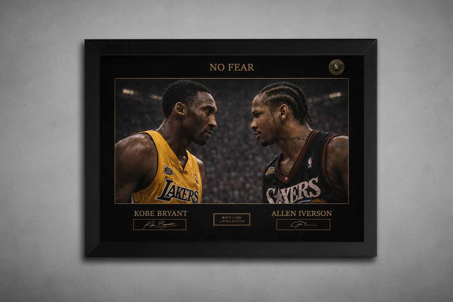 Black framed NBA wall art showing Kobe Bryant facing Allen Iverson in the No Fear design, premium sports collectibles for serious fans.