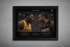 Black framed NBA wall art showing Kobe Bryant facing Allen Iverson in the No Fear design, premium sports collectibles for serious fans.