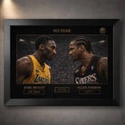 Black framed NBA wall art showing Kobe Bryant facing Allen Iverson in the No Fear design, premium sports collectibles for serious fans.
