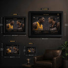 Size guide showing available dimensions for the No Fear Kobe Bryant vs Allen Iverson framed sports art across all options.
