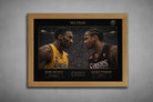 Oak framed sports wall art featuring Kobe Bryant vs Allen Iverson, No Fear rivalry artwork with warm wood frame for elevated interiors.