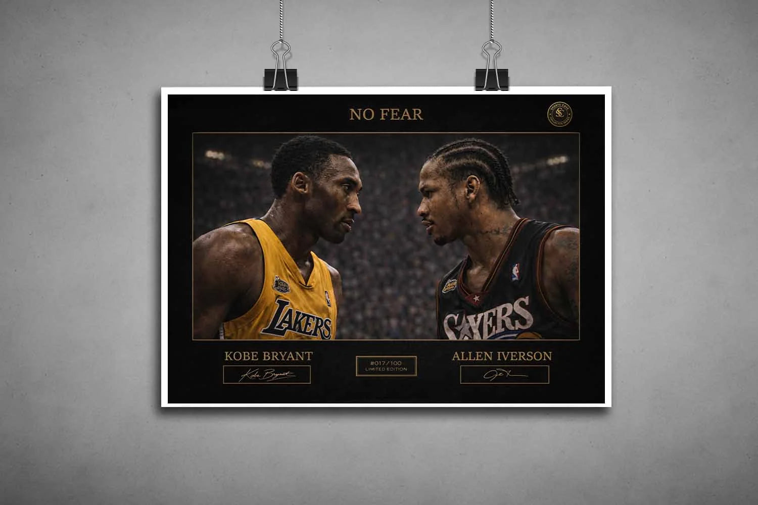 Unframed NBA wall art print of Kobe Bryant vs Allen Iverson, No Fear rivalry artwork ready for custom framing or display.