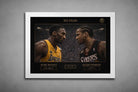 White framed sports art print of Kobe Bryant and Allen Iverson in the No Fear matchup, clean modern framing for contemporary spaces.
