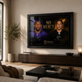 No Mercy Ray Lewis vs Troy Polamalu wall art displayed in a warm neutral living room with a black frame.