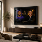 No Mercy Ray Lewis vs Troy Polamalu wall art displayed in a warm neutral living room with a black frame.
