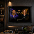 No Mercy Ray Lewis vs Troy Polamalu NFL wall art displayed in a dark premium man cave with a black frame.