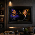 No Mercy Ray Lewis vs Troy Polamalu NFL wall art displayed in a dark premium man cave with a black frame.