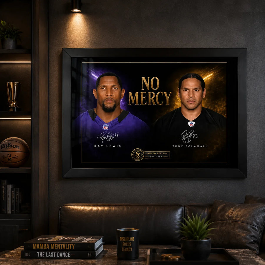 No Mercy Ray Lewis vs Troy Polamalu NFL wall art displayed in a dark premium man cave with a black frame.