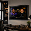 Black framed No Mercy NFL wall art with Ray Lewis and Troy Polamalu displayed in a refined modern office.