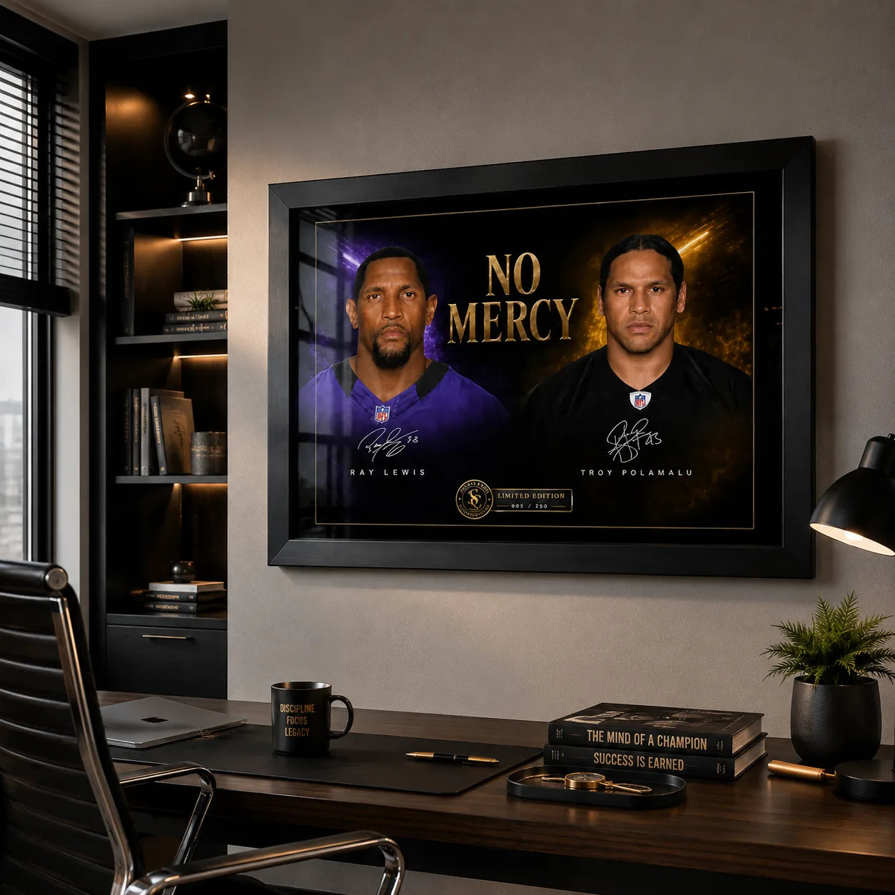 Black framed No Mercy NFL wall art with Ray Lewis and Troy Polamalu displayed in a refined modern office.