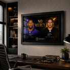 Black framed No Mercy NFL wall art with Ray Lewis and Troy Polamalu displayed in a refined modern office.
