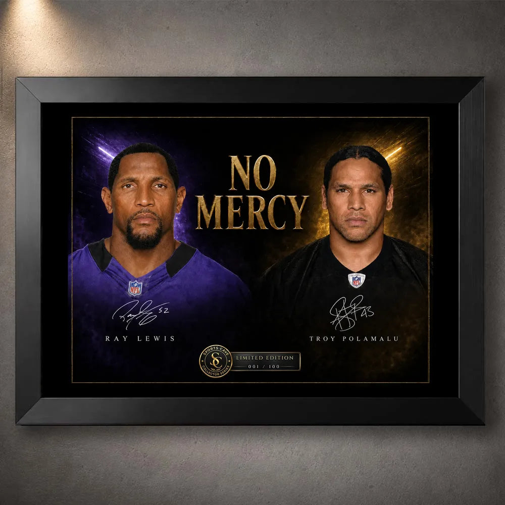 Black framed No Mercy Ray Lewis vs Troy Polamalu NFL wall art featuring the Ravens–Steelers defensive rivalry.