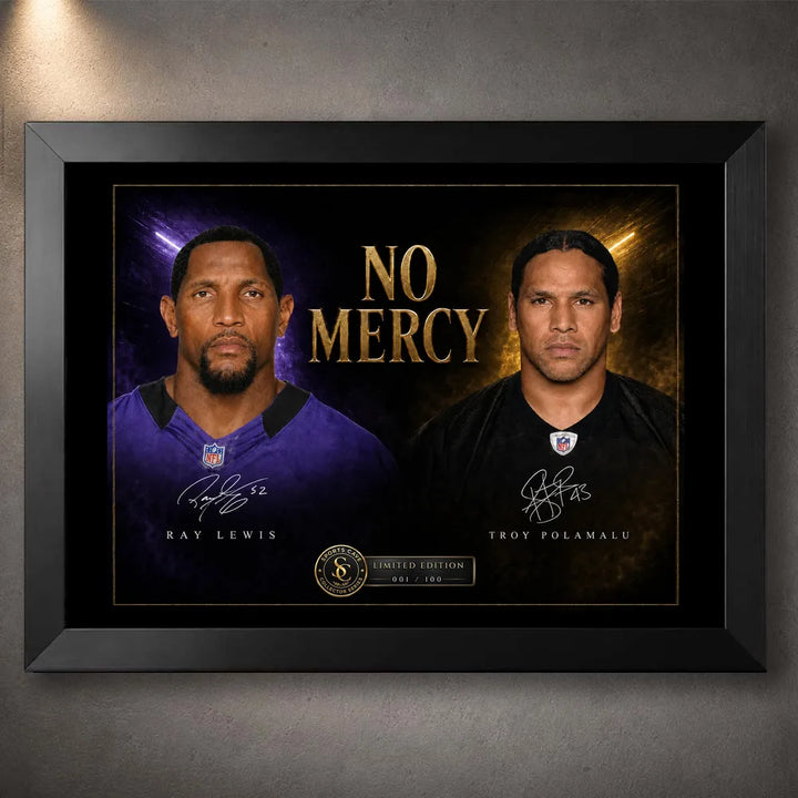 Black framed No Mercy Ray Lewis vs Troy Polamalu NFL wall art featuring the Ravens–Steelers defensive rivalry.