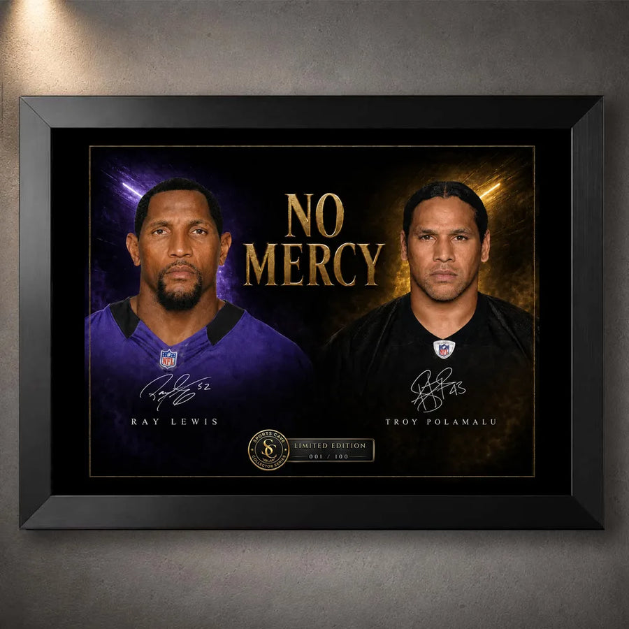 Black framed No Mercy Ray Lewis vs Troy Polamalu NFL wall art featuring the Ravens–Steelers defensive rivalry.