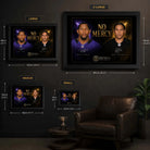 No Mercy NFL wall art size guide showing framed dimensions from S to XL for Ray Lewis and Troy Polamalu artwork.
