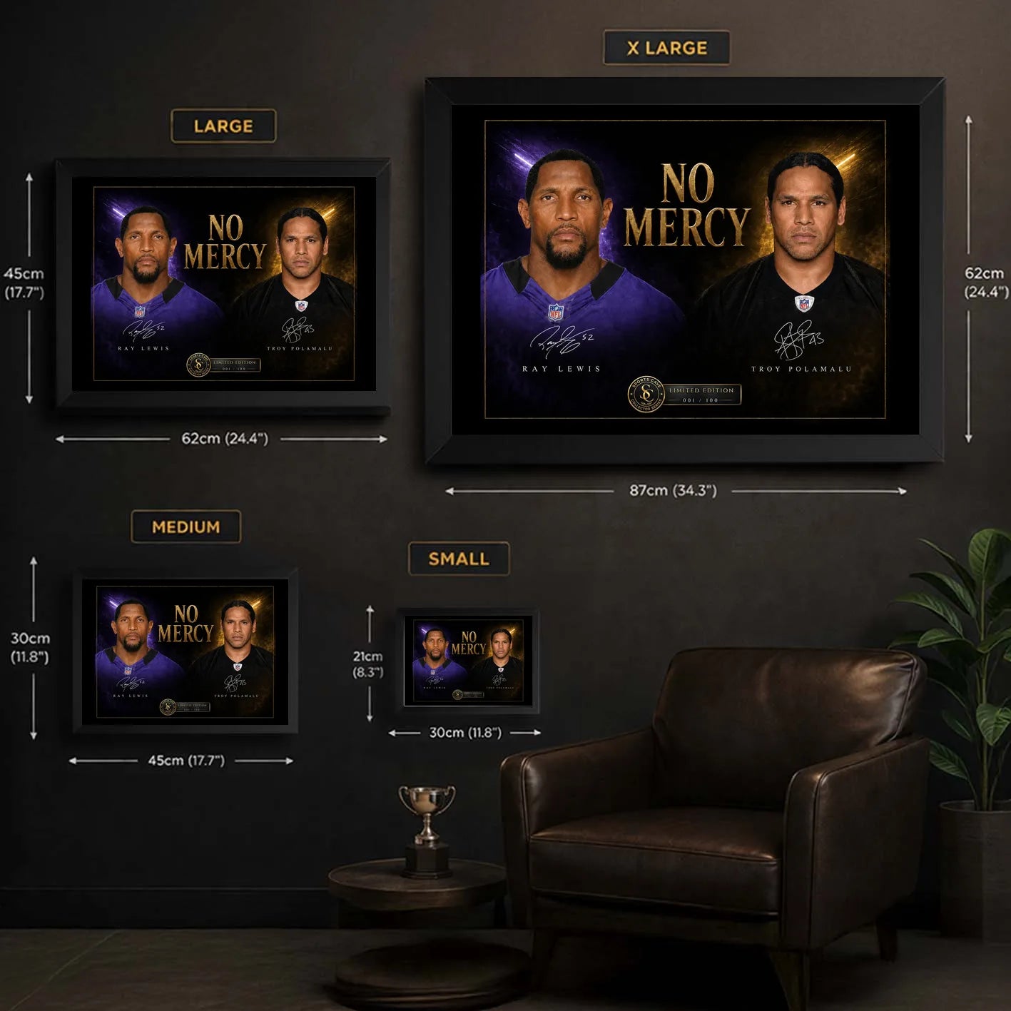 No Mercy NFL wall art size guide showing framed dimensions from S to XL for Ray Lewis and Troy Polamalu artwork.