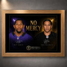 Oak framed No Mercy Ray Lewis vs Troy Polamalu NFL wall art for a premium sports memorabilia display.