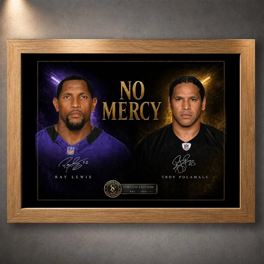 Oak framed No Mercy Ray Lewis vs Troy Polamalu NFL wall art for a premium sports memorabilia display.