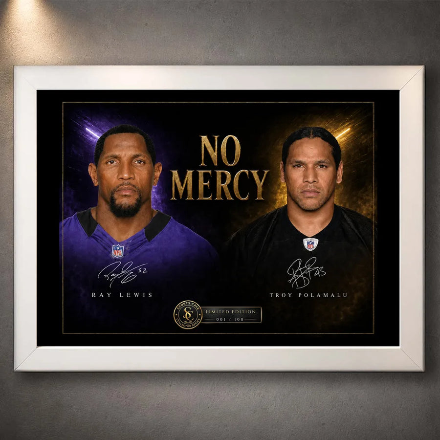 White framed No Mercy Ray Lewis vs Troy Polamalu NFL wall art shown against a dark wall for collector display.