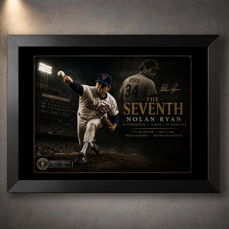 Nolan Ryan The Seventh baseball wall art in a black frame, honoring his record seventh no-hitter with Texas.