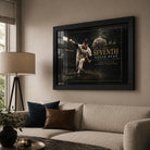 Nolan Ryan The Seventh black framed baseball wall art displayed above a sofa in a warm modern living room.