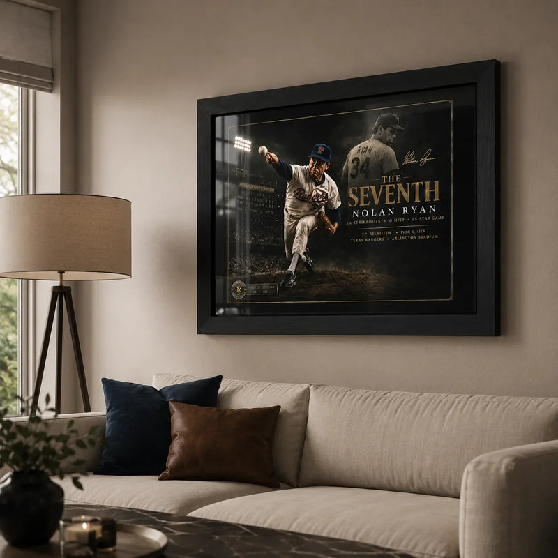 Nolan Ryan The Seventh black framed baseball wall art displayed above a sofa in a warm modern living room.