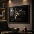 Nolan Ryan The Seventh black framed baseball wall art displayed in a dark collector-style man cave.