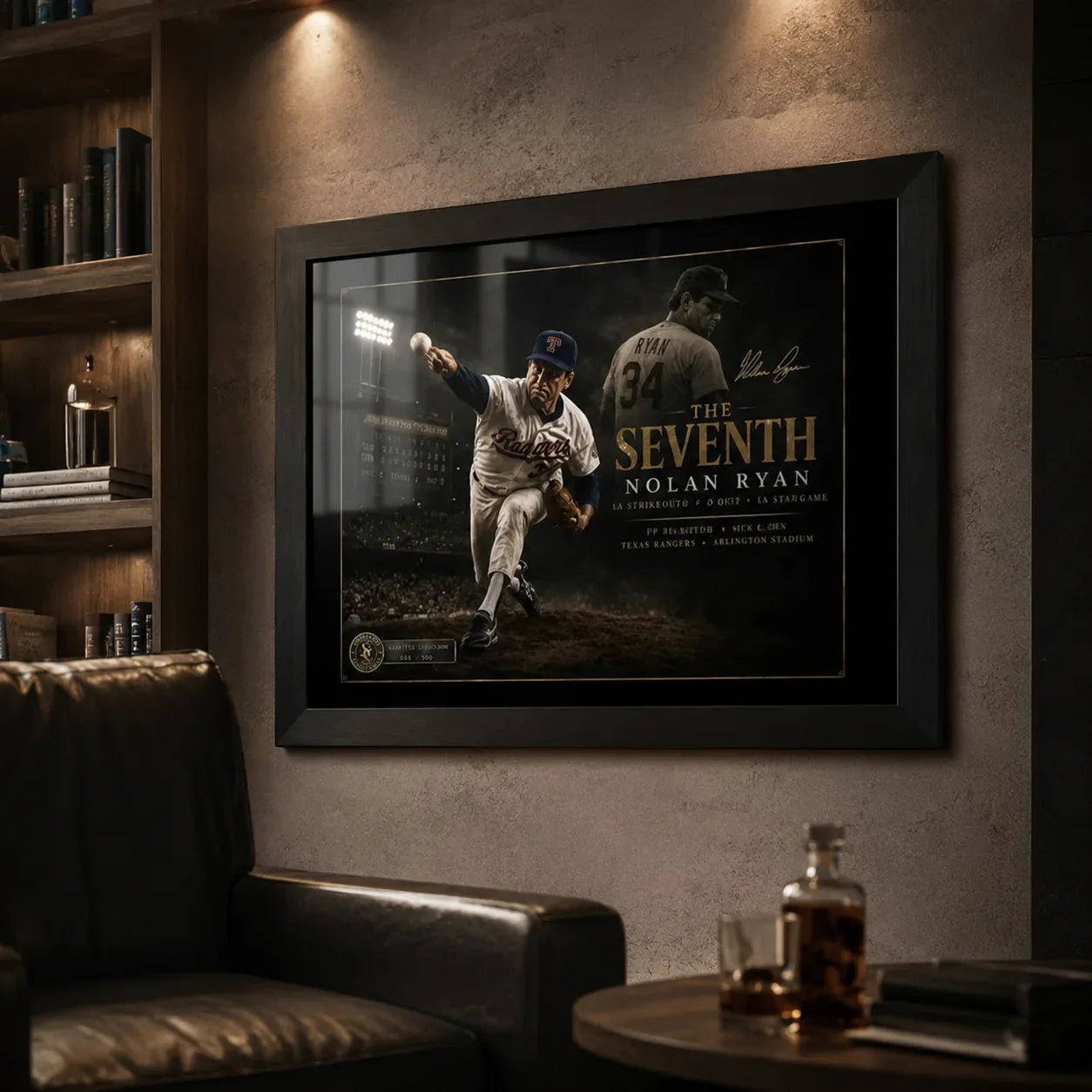 Nolan Ryan The Seventh black framed baseball wall art displayed in a dark collector-style man cave.