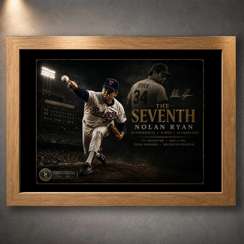 Nolan Ryan The Seventh baseball wall art in an oak frame, celebrating his record seventh no-hitter.