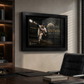 Nolan Ryan The Seventh black framed baseball wall art displayed in a premium home office above a timber desk.