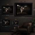 Nolan Ryan The Seventh baseball wall art size guide showing Small Medium Large and XL framed dimensions.