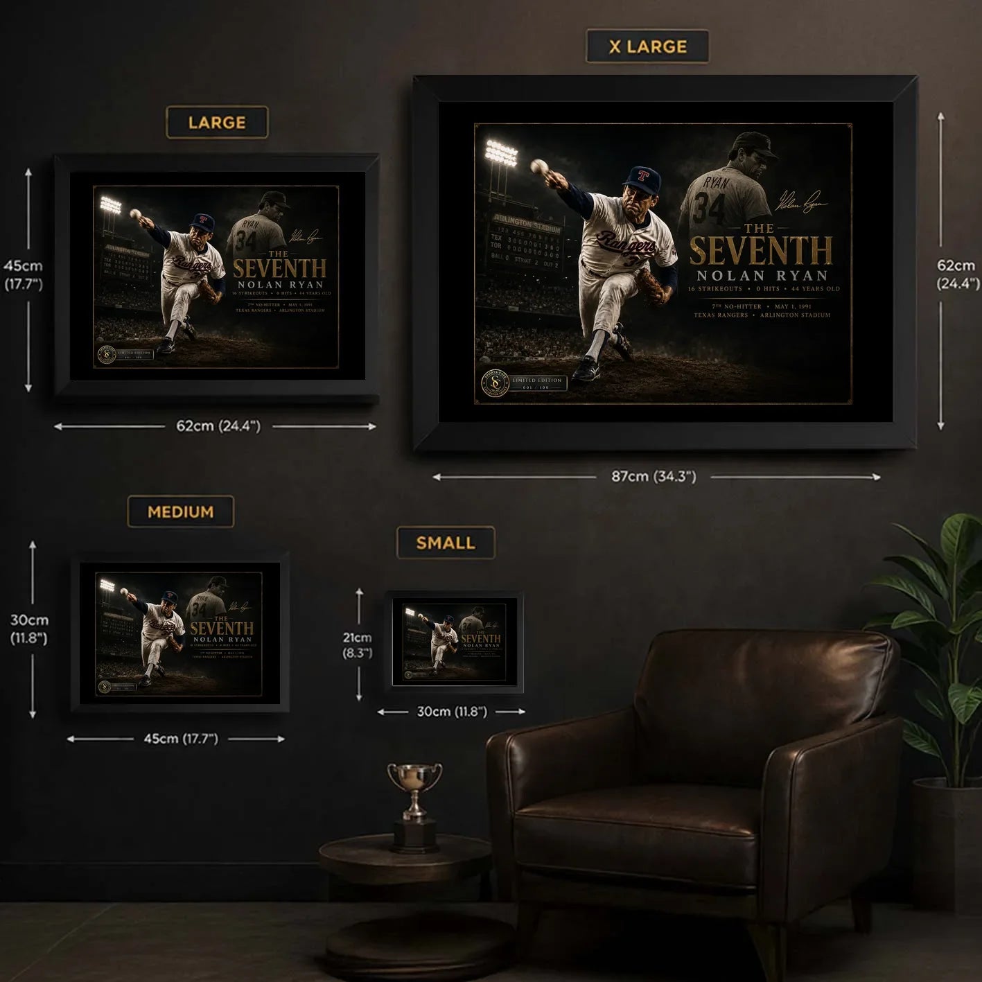Nolan Ryan The Seventh baseball wall art size guide showing Small Medium Large and XL framed dimensions.