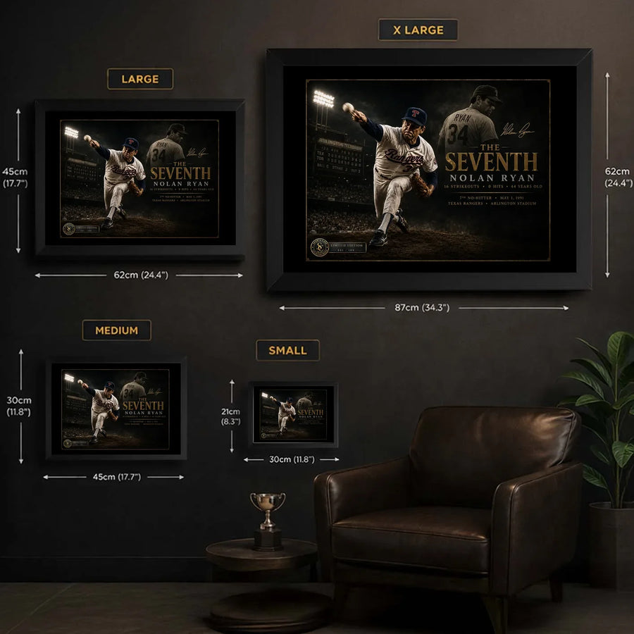 Nolan Ryan The Seventh baseball wall art size guide showing Small Medium Large and XL framed dimensions.