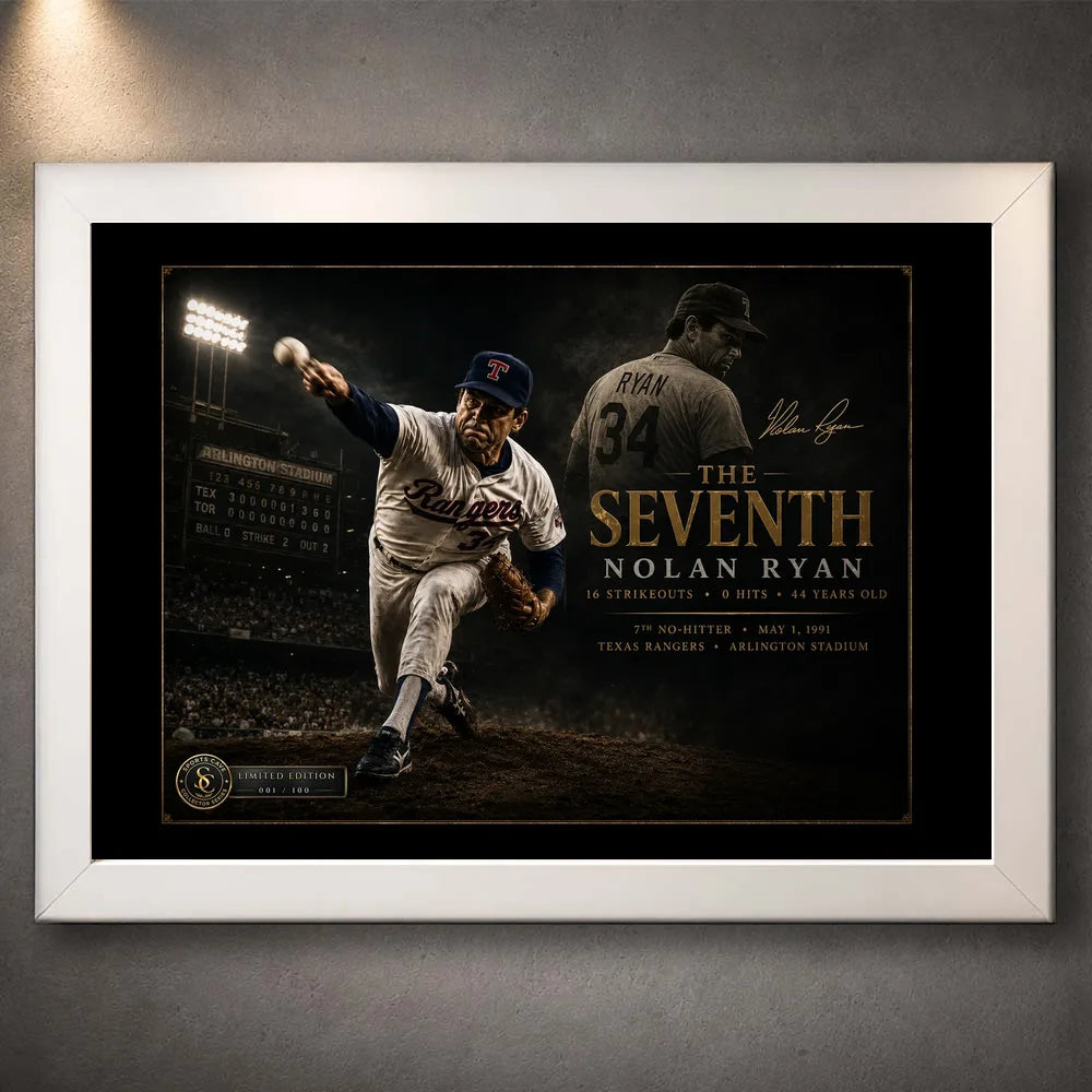 Nolan Ryan The Seventh baseball wall art in a white frame, featuring his historic seventh no-hitter tribute.