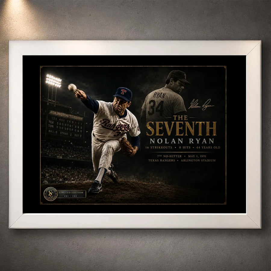 Nolan Ryan The Seventh baseball wall art in a white frame, featuring his historic seventh no-hitter tribute.