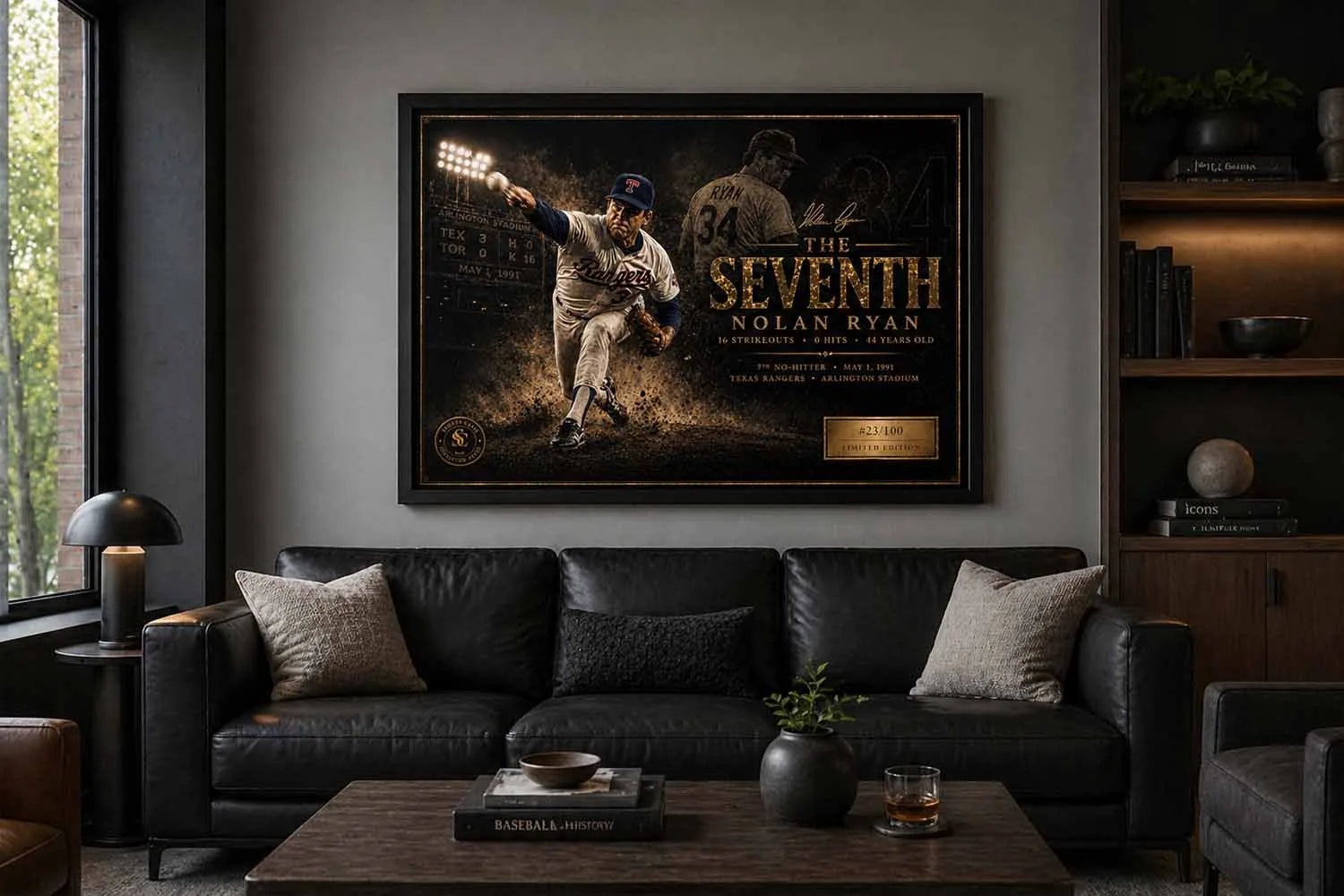 Nolan Ryan The Seventh displayed in a modern man cave, premium sports collectibles for Texas Rangers baseball fans.