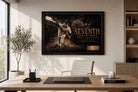 Nolan Ryan The Seventh black framed artwork in a minimal office, refined sports wall art for Rangers collectors.