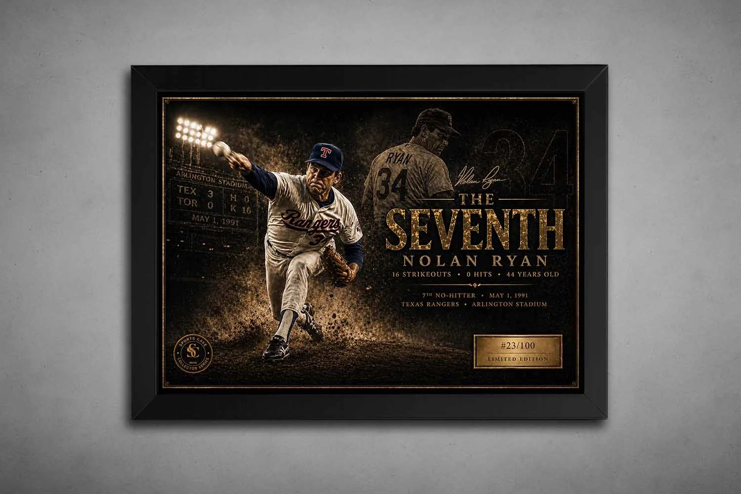 Nolan Ryan The Seventh artwork in a matte black frame, Texas Rangers sports wall art honoring his 7th no-hitter.