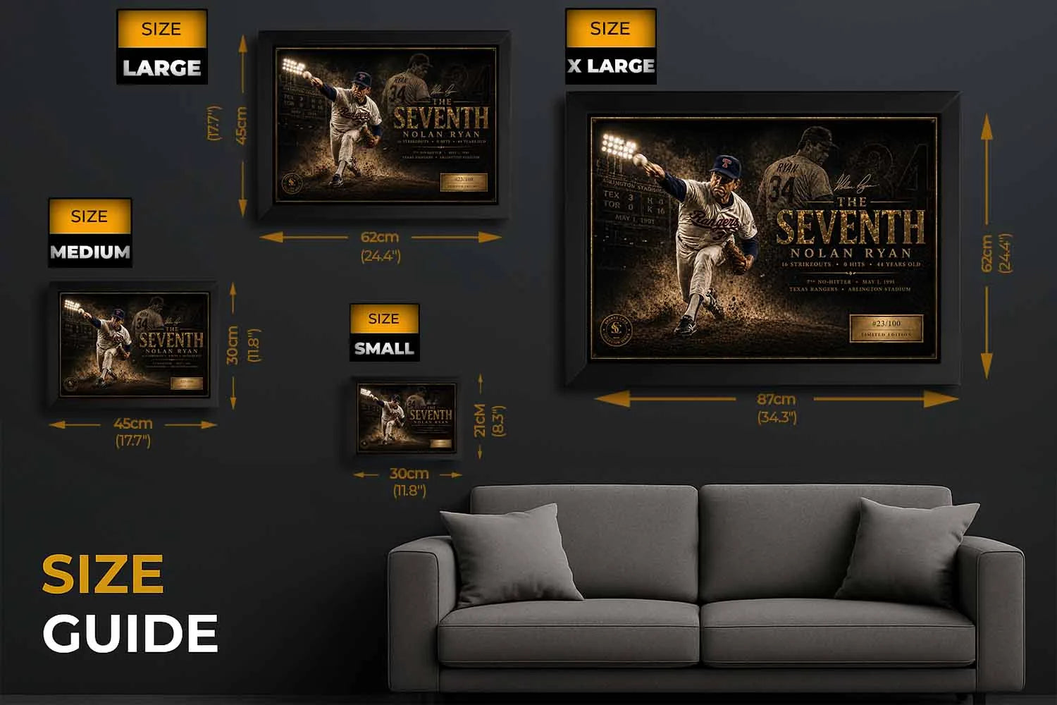 Nolan Ryan The Seventh size guide showing framed sports art options for Texas Rangers 7th no-hitter collectors.