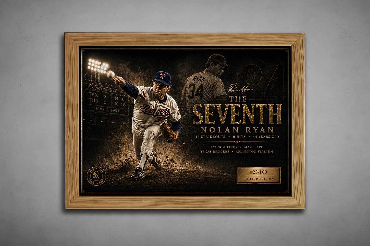 Nolan Ryan The Seventh in an oak frame, framed sports memorabilia celebrating his Texas Rangers 7th no-hitter.