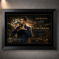 Black-framed Novak Djokovic tennis wall art showing trophy celebration in a premium limited edition collector design.